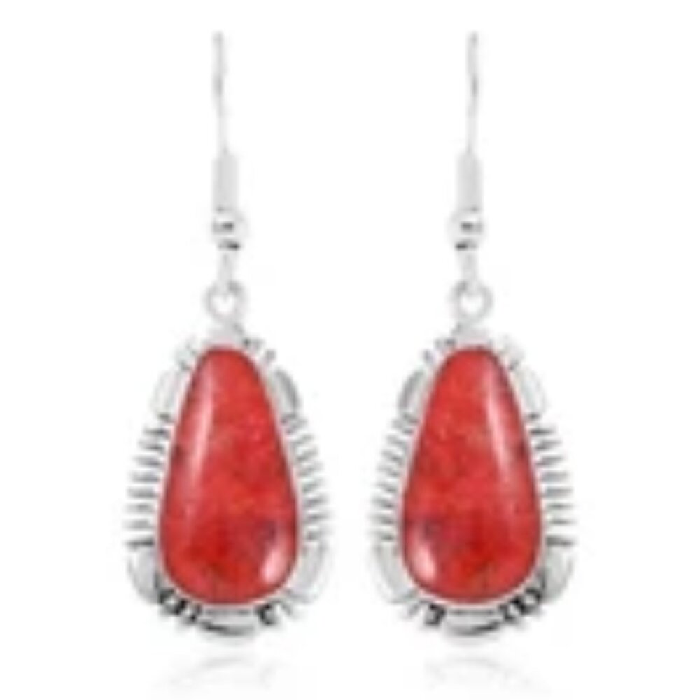 Southwestern Red Coral Dangle Earrings in 925 Sterling Silver & French Hooks NWT